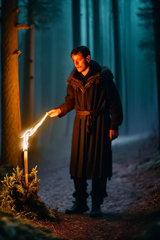 A wizard casting a glowing spell in a dark enchanted forest