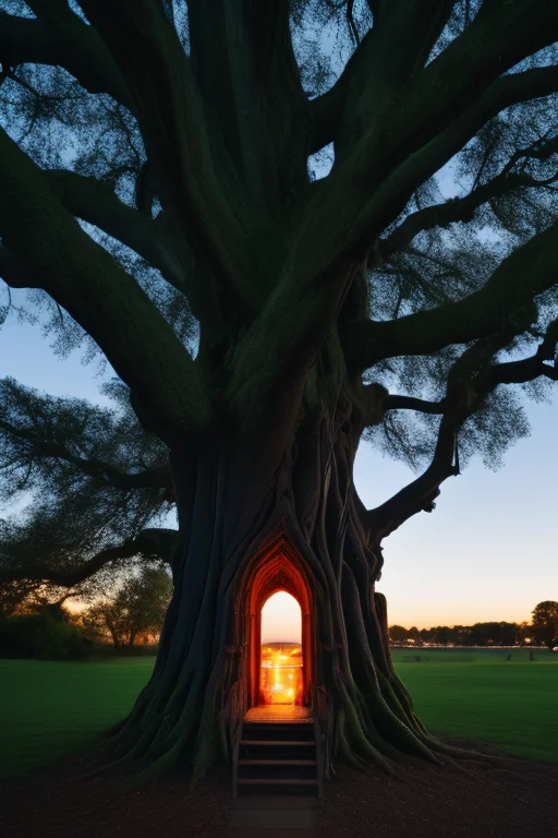 A giant ancient tree with a hidden glowing city inside its trunk