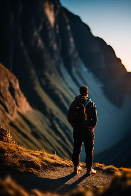 A lone warrior standing on a cliff at sunrise, vast mountains in the background, cinematic lighting