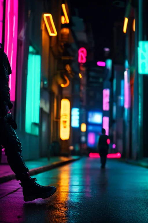 A futuristic cyberpunk city at night, neon lights reflecting on wet streets, flying cars, Blade Runner style