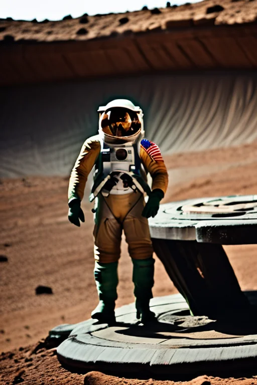 A space explorer discovering an ancient alien temple on Mars, glowing symbols, cinematic atmosphere