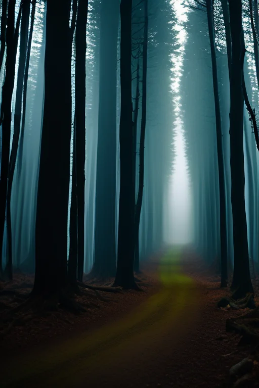 A forest where trees glow with bioluminescent light, magical fog, fantasy realism
