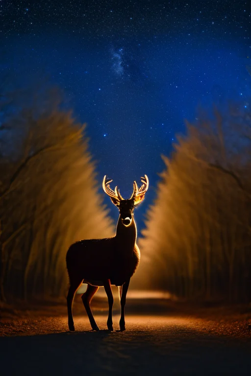 A deer made of constellations standing under a starry sky, cosmic art style
