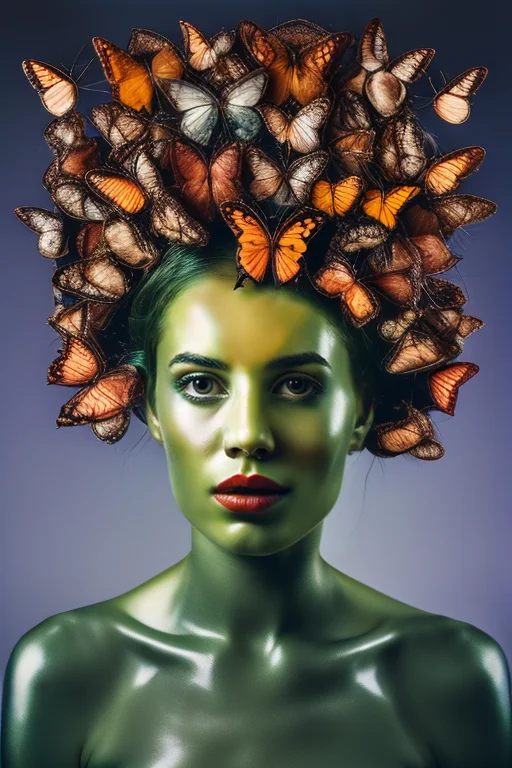 A human head dissolving into a swarm of butterflies, symbolism of transformation