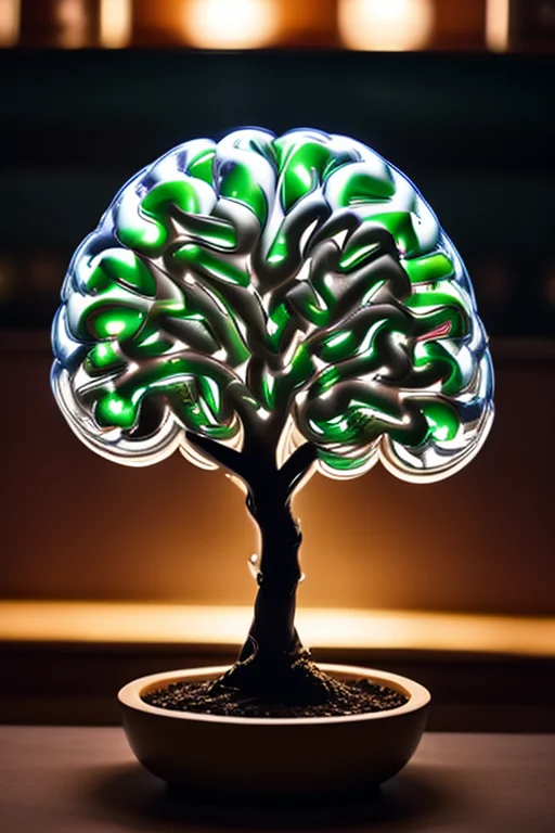 A brain growing like a tree with glowing knowledge fruits