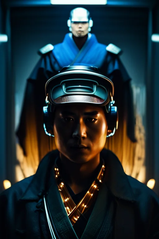 A cybernetic samurai with glowing armor in a dystopian Tokyo