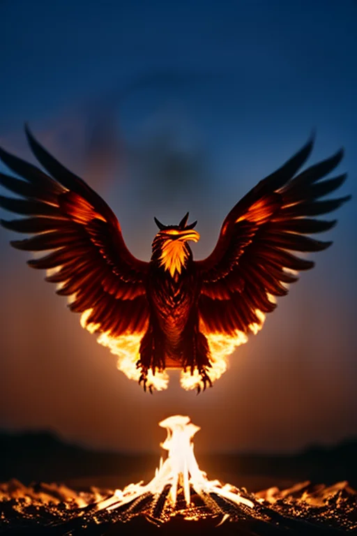 A phoenix rising from ashes in slow motion, fire particles, ultra-detailed