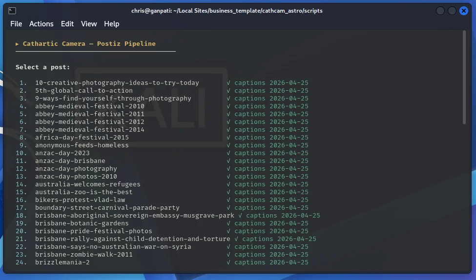 Terminal showing the Cathartic Camera post list with captions generation status