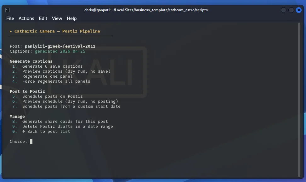Terminal showing the Cathartic Camera Postiz pipeline menu with options to generate captions, schedule posts, and manage drafts