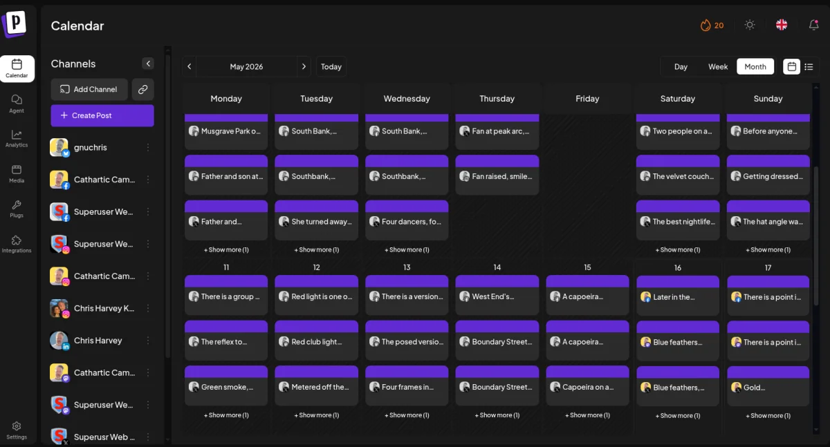 Postiz calendar showing scheduled photography posts across a week